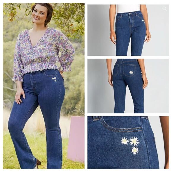 ModCloth Dark Wash Daisies on the Prairie Embroidered Flared Jeans Plus Size 26 - Picture 2 of 5